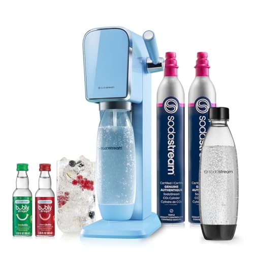 SodaStream - ART Sparkling Water Maker | VALUE BUNDLE | CQC CO2 system | Includes 2x CO2 Cylinders, 2x 32 Fl Oz Dishwasher Safe Bottles, 2x Bubly Flavor Drops | Combine with Pepsi Flavors | Misty Blue