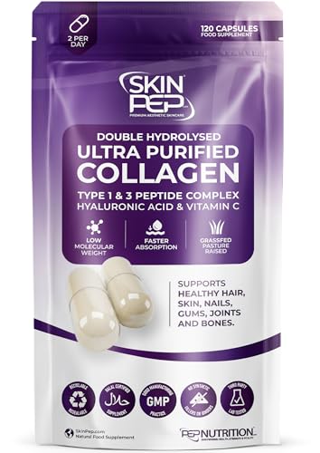 Collagen Peptide 120 Capsules 1000mg, with Hyaluronic Acid (Not Collagen Powder) - 1 Month Supply - Premium Halal Double Hydrolysed Type 1&3 Collagen Supplements for Women & Men - by SkinPep