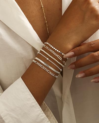 DEARMAY Dainty Silver Chain Bracelets for Women Trendy, Waterproof Sterling Silver/Gold Jewelry Sets Fashion Stackable Beaded Figaro Herringbone Paperclip Chain Bracelet Pack Stack Gifts for Womens2