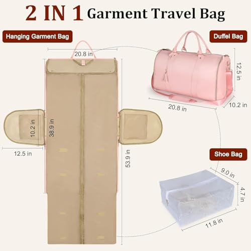 Image of Leather Garment for Garment Bags for Travel,Convertible Carry on Large Duffle Bags with Suit Compartment|Convertible Hanging Suitcase Suit Garment Bag for Men and Women|Shoe Pouch(Pink)