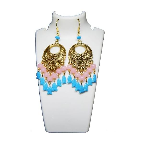 Pink & Blue Glass Beaded Chandbali Earrings - Image 3