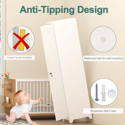 Image of Metal Slim Cabinet, Tall Bathroom Cupboard, White Storage Cabinet with Shelves, 65 inch H Storage Caninet for Laundry, Office, Kitchen Pantry, Anti-Tipping