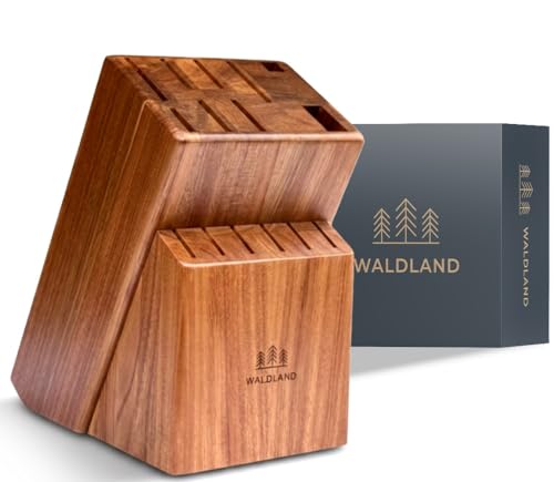 WALDLAND Premium Messerblock ohne Messer – Messerblock aus robustem Akazienholz I 15 Schlitze für Messer, Wetzstahl, Schere I Messerhalter I Holzblock (Akazienholz Braun)