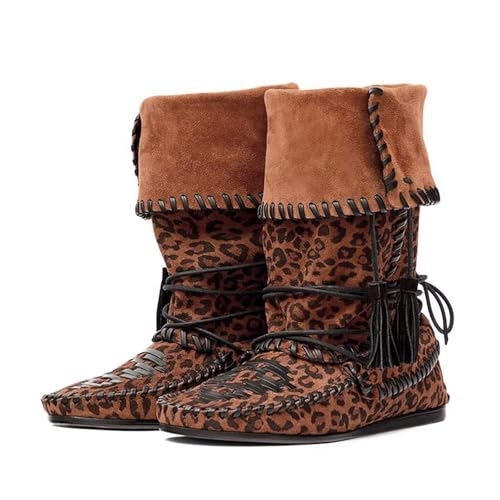 Agodor Leopard Faux Suede Fold Over Boots for Women - Slouchy Boho Mid Calf Boots with Woven Fringe,Western Cowboy Ankle Boot Wide Calf,Comfortable Flat Lace Up Retro Tassels Booties for Women US7