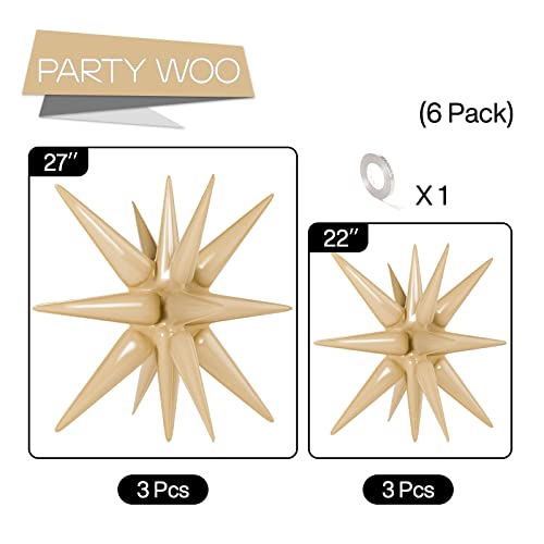 Image of PartyWoo Caramel Brown Star Balloons 6 Pcs, 14-Pointed Starburst, 27 & 22 Inch Explosion With Ribbon, Foil, Large for Party