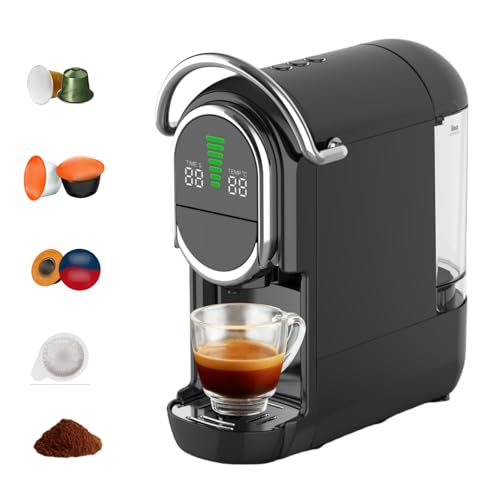 Mini cafetera 5 en 1 para Nespresso originales, Dolce Gusto, Lavazza A Modo Mio, cápsulas ESE 44 mm, cápsulas y café molido, 20 bar, 1450 W, pantalla LED, agua regulable 7 niveles, ST-542S