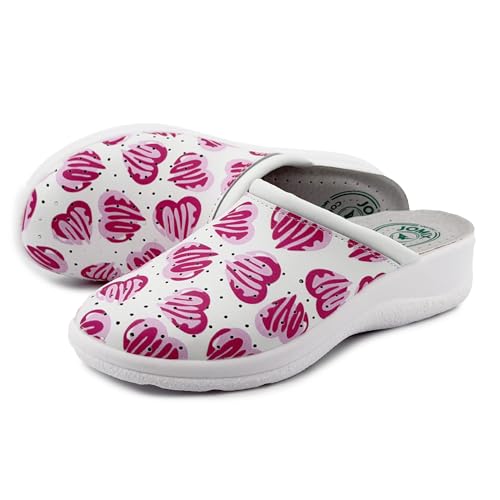 JOMIX Zuecos Cómodos Mujer Estilo Sanitario en Material Sintético Suave con Plantilla Anatómica y Suela Antideslizante para Casa Balcón y Uso Diario ITD2210 Corazones 39