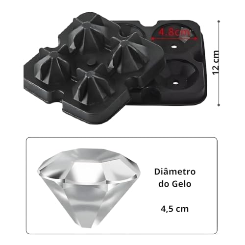 Forma de Gelo SIlicone Flexível com Tampa 4 Cubos Diamante
