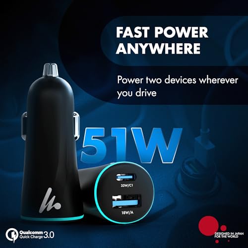 Image of PD 51W Superfast Charging Wozoyo Car Charger with Type C and USB A, Power Delivery, PPS & QC 3.0, Dual Port (33W + 18W), 12V-24V Compatible, Multi-Layer Protection, 2-Years Manufacturer Warranty