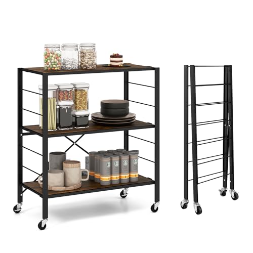 Giantex 3-Tier Folding Bookshelf with Wheels, Industrial Foldable Metal Shelves with Height-Adjustable Shelves, Freestanding Open Shelving Storage, No Assembly Bookcase Display Shelving Rack
