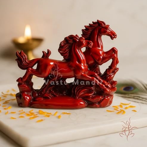 Image of Red Running Horses Statue | Vastu Remedy for Name, Fame & Wealth Stability | Premium Resin Twin Horses for South Zone Energy Activation & Career Growth