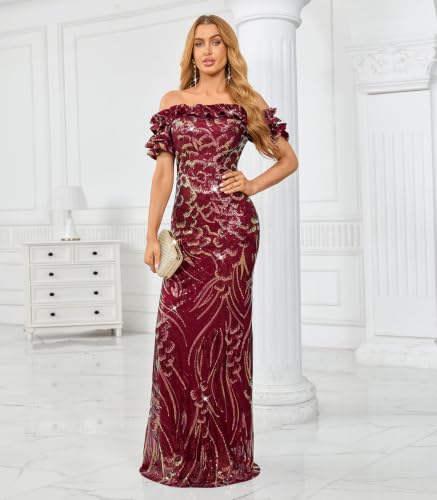 Image of dasmzper Women Sexy Sequin Off Shoulder Ruffle Short Sleeve Bodycon Mermaid Party Formal Evening Maxi Dress