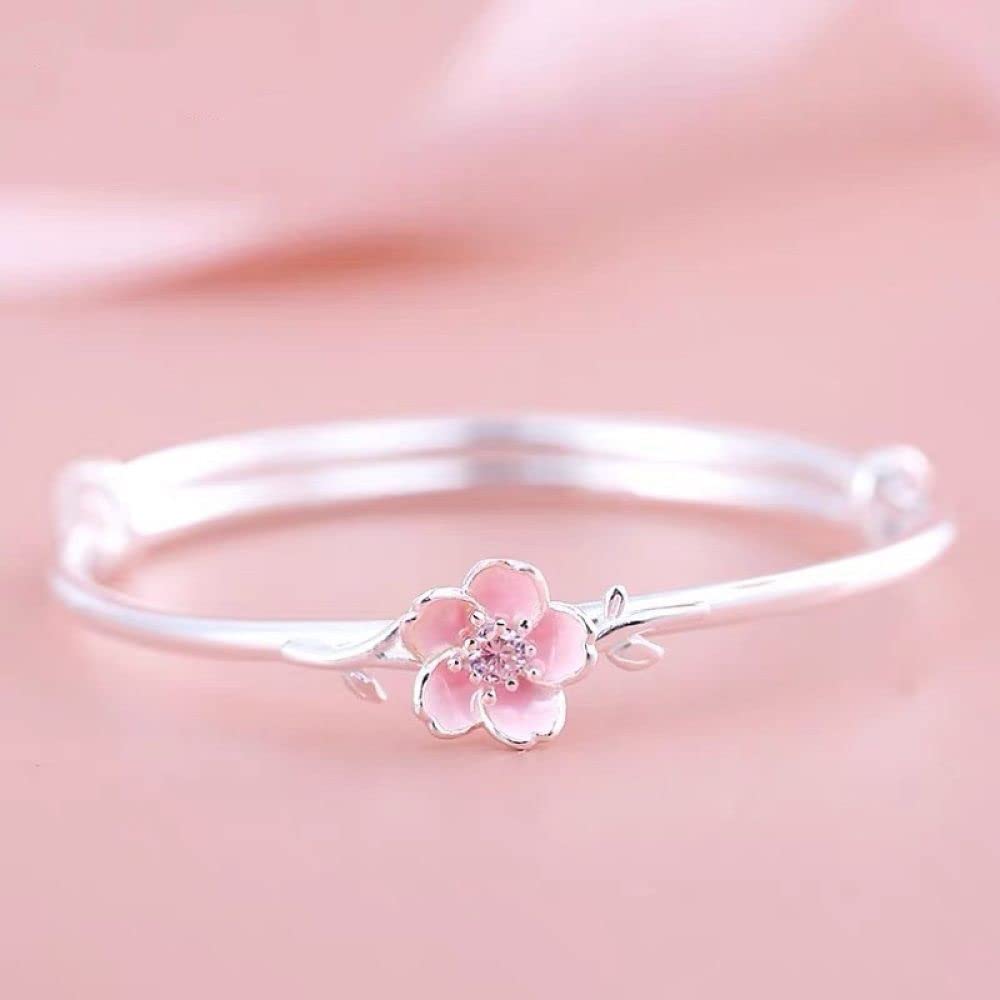 Armband Damen Silber,999 Sterling Silber Armband Rosa Kirschblüte Verstellbare Manschette Armreif Freundschaftsarmband Schmuck Geschenke Für Frau Freundin Zum Geburtstag