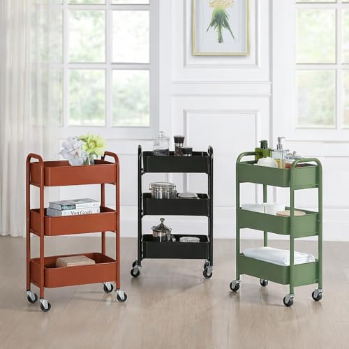 Image of SunnyPoint 3-Tier Delicate Compact Rolling Metal Storage Organizer - Mobile Utility Cart Kitchen /Under Desk Cart with Caster Wheels (RED, 15.35 inch X 10.24 inch X 26.8 inchH)