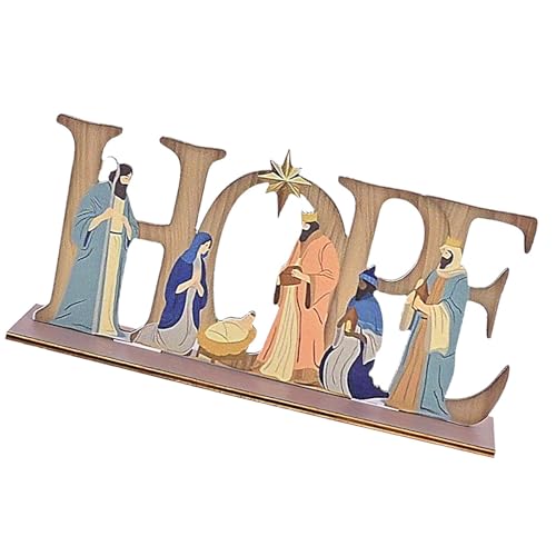 ZEXKENS Wood Nativity Figure with Hoping Sign Christmas Indoor Ornamentation for Christmas Home Decors and Religious Gatherings