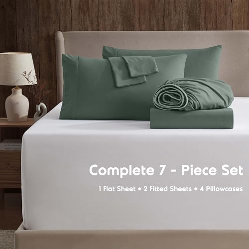 Image of Nestl Extra Deep Split King Sheet Set - 7 Piece Breathable & Cooling Sheets - Hotel Luxury Bedding Set w /18-24 Inch Deep Pockets - Easy & Secure Fit - Super Soft, Wrinkle Free & Comfy - Forest Green