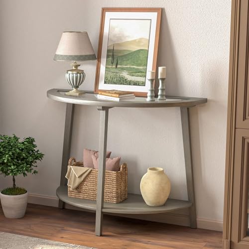COSIEST 2-Tier Glass Console Table, Semi-Circular MDF Entryway Table with Storage Shelf, Modern Wood Sofa Side Table for Bedroom Living Room Hallway, Antique Silver
