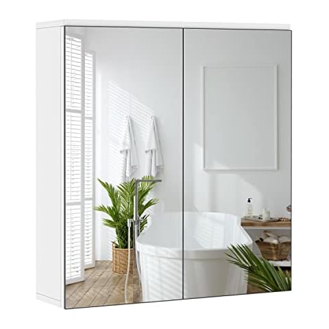 Yaheetech Badezimmerschrank mit 2 Spiegeltüren Hängeschrank Spiegelschrank fürs Bad 2-stufiger Badschrank höhenverstellbare Ablage Cover
