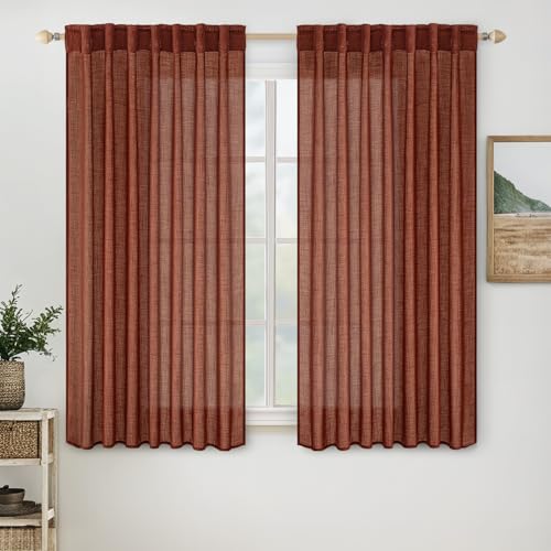 MIULEE Burnt Orange Linen Curtains 54 Inch Length 2 Panels for Bedroom Living Room, Soft Thick Linen Textured Short Window Drapes Semi Sheer Light Filtering Back Tab Burlap Look Fall Decorations