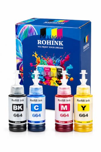 Image of ROHINK T664 Compatible Refill Ink for Epson L130, L360, L380, L361, L565, L210, L220, L310, L350, L355, L365, L385, L550, L555, L605, L1300 Printer - 70ml x 4 Bottle (B,C,Y,M)