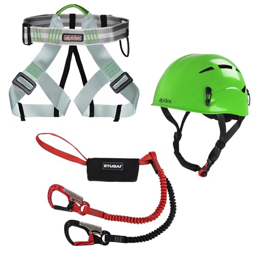 ALPIDEX Kletterhelm Klettergurt + Stubai Klettersteigset Basic 3.0, Farbe:Apple Green, Größe:Gurt - Universalgröße/Green Pepper