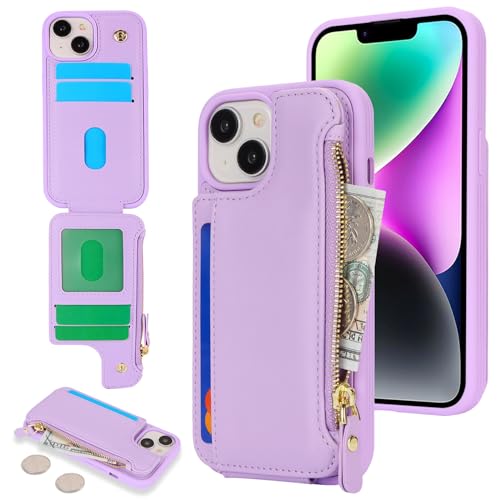 Cavor for iPhone 13 Case with Card Holder,for iPhone 14 Wallet Case for Women Men,Leather Magnetic Clasp Zipper Pocket Protective Phone Cover-Purple
