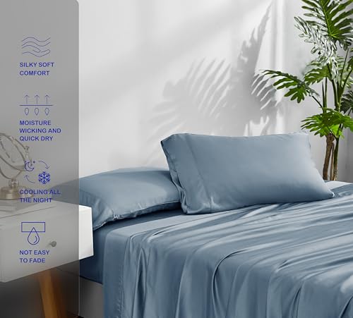 Image of ACCURATEX Cooling Sheets for Hot Sleepers, Twin Size,Dusty Blue | Viscose Made from Bamboo, 3 Pcs Silky Soft Sheet Set, Breathable Cool for Night Sweats, up to 16 inches Deep Pockect