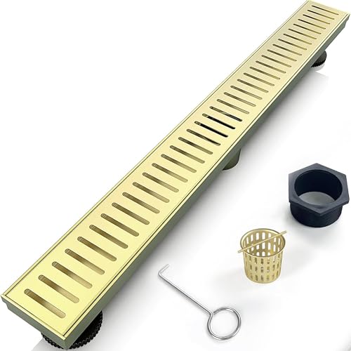 71,1 cm linearer Duschablauf Badezimmer Küche Goldener Bodenablauf Abnehmbare Kapselmuster Abdeckung Zubehör Duschablauf 304 Edelstahl Abfluss mit Haarsieb Verstellbare Nivellierfüße
