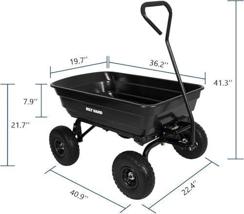 Image of BILT HARD 4 Cu.Ft. 10 inch No-Flat Tires Poly Yard Dump Cart with 180 Rotating Handle, 600 lbs Capacity Heavy Duty Garden Carts and Wagons