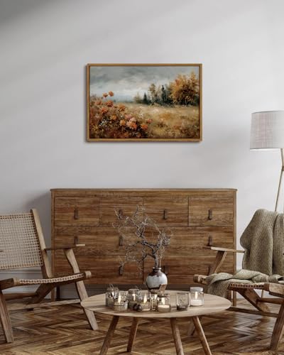 Image of KISSFOX Vintage Framed Wall Art Decor Modern Farmhouse Fall Landscape Pictures Paintings Wall Decor Rustic Autumn Leaves Canvas Art Prints Nature Countryside Artwork For Bedroom Kitchen Living Room