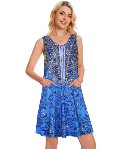 Image of elescat Womens Summer Dresses Casual V Neck Sleeveless Pockets Beach Loose Tank Sundress 2026