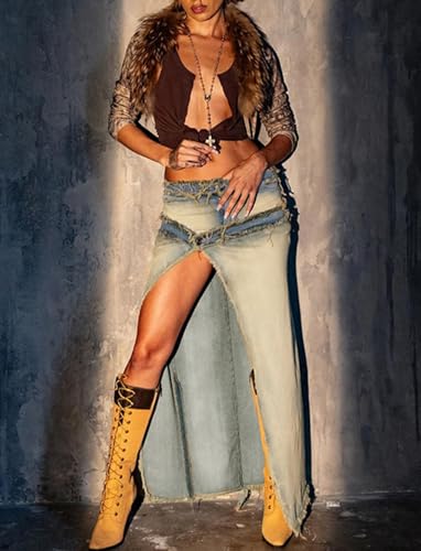 JYAOVO Womens High Waist Button Up Jean Skirt Wrapped High Low Ruffle Frayed Denim Maxi Skirt4
