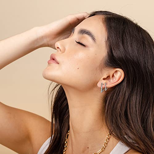 2 Pairs 14K Gold Plated Minimalist Geometric Triangle Huggies Hoop Earrings, V Shaped Hoop Earrings for Women Gift 1.3cm/1.8cm, gold and silver3