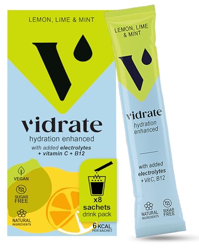Vidrate Electrolytes Powder - Hydration Sachets Packed with Vitamins - Zero Sugar Rehydration Sachet No Artificial Sweeteners & Preservatives - Lemon Lime & Mint Small Pack, 8 Electrolytes Sachets