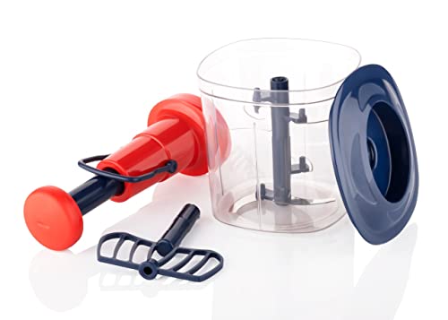 Image of JABON BAGNO 2-in-1 Food Chopper & Blender - 5 Stainless Steel Blades, 1000ml Capacity | Instant Vegetable Fruit Slicer, Manual Push Operation, Easy Clean Kitchen Tool