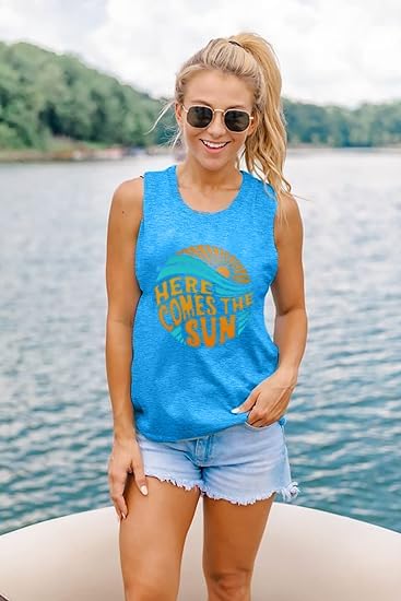 Here Comes The Sun Tank Tops Women Sunshine Graphic Sleeveless Vintage Travel Vacation Tops Summer Beach Shirts - Image 2