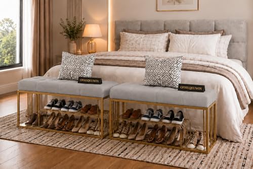 Image of Entryway Shoe Rack with Cushioned Seat, Shoe Bench for Entry, 2 Shelves Storage Bed Bench
