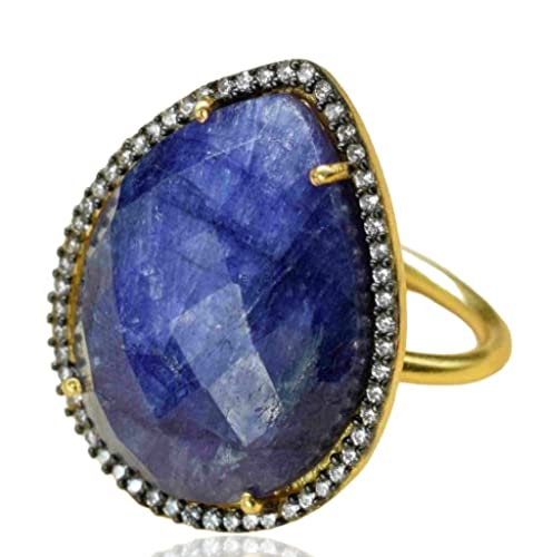 Bague en argent 925 plaqué or jaune 10 carats pour femme avec saphir véritable et zircon cubique Bague en argent sterling Bague Halo Bague en pierres...