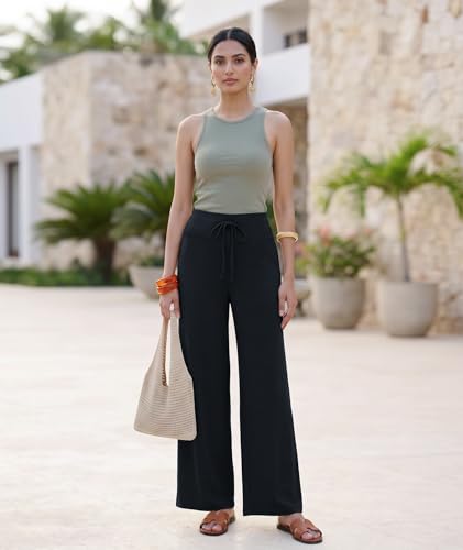 Image of TNNZEET Women's Wide Leg Pants - Casual Loose Yoga Trouser Pants Sweatpants Palazzo Lounge Pajama Pants