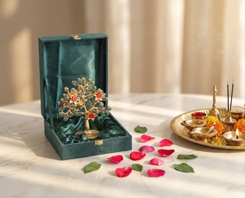 Image of Metal Kalpavriksha Tree for Home Decor - Golden Wish Fulfilling Tree Metal Showpiece for Temple, Vastu, Office Table & Gifting Banyan (No 1 Golden Stone with Box)