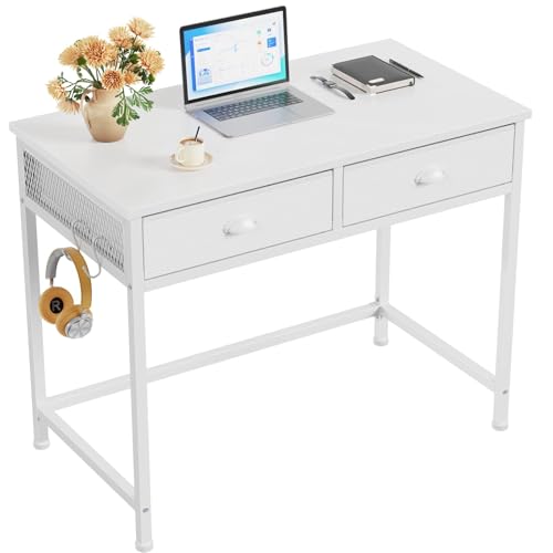 Furologee White Small Computer Desk with 2 Fabric Drawers for Bedroom,34 Inch Simple Home Office...