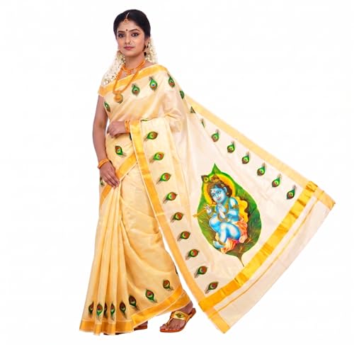 Image of Women's Mural Printed Kerala Gold Tissue Saree with Running Blouse Piece | Traditional South Indian Ethnic Saree for Festivals, Weddings & Special Occasions