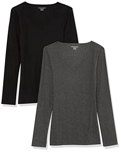 Image of Amazon Essentials Women's Slim-Fit Long Sleeve V-Neck Knit Rib Shirts, Pack of 2