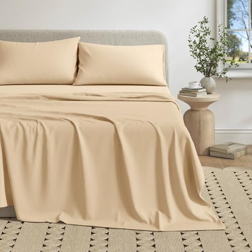 Image of Great Bay Home Cotton Jersey Knit Queen Sheet Set - Ultra-Soft, Stretchy, Heathered Melange Bed Sheets - Cozy, Soft T-Shirt Sheet & Pillowcase Set (Heathered Tan)