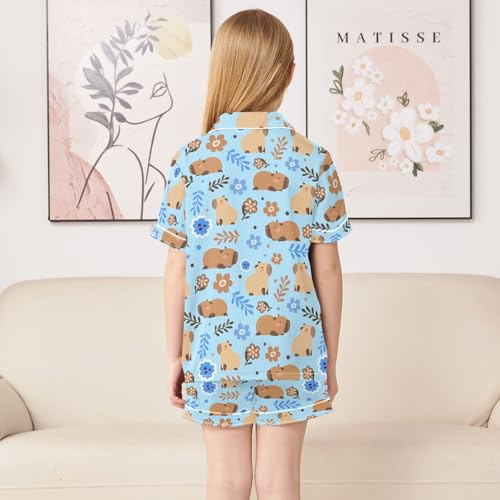 Cute Capybara Purple Flowers Summer Satin Pajama Set, Cute Button-Down Sleepwear Pj Set for Sleep Wears4