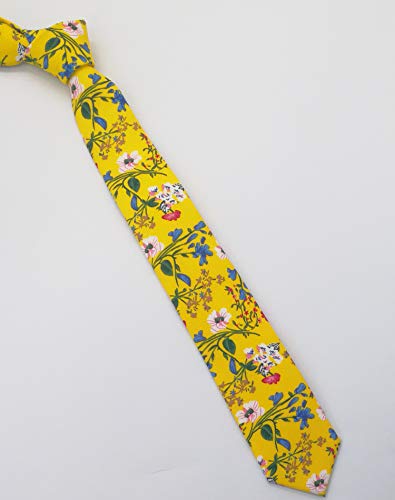 Image of Men's Skinny Tie Floral Cotton Necktie and Tie Bar Clip Sets, Great for Weddings,Groom,Groomsmen