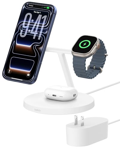 Belkin MagSafe-Compatible iPhone Charger, 3-in-1 Wireless Charging Station, Qi2-Certified 15W...
