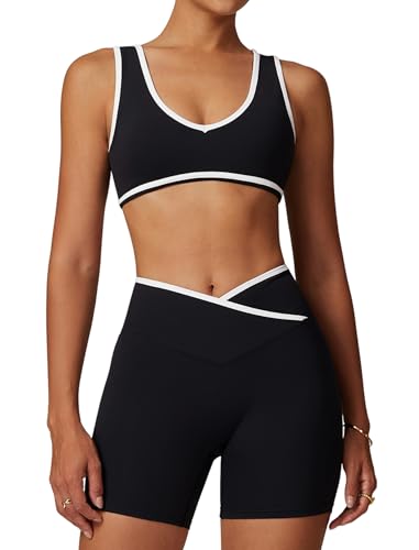 Two Piece Workout Sets for Women Color Block Sports Bra and Scrunch Butt Lifting Shorts Gym Yoga Active Wear Outfits