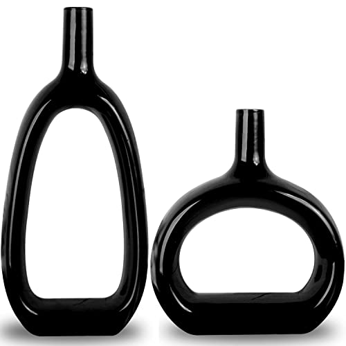 SANFERGE Set mit 2 schwarzen, ovalen Keramikvasen mit Loch in der Mitte für Tafelaufsatz, 2. Generation, glänzend, rund, moderne, Bürodekoration, Figuren Ornament Cover