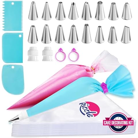Riccle Piping Bags and Tips Set, 11.8 Inch 100 Anti Burst Piping Bags, 124 Pcs Cake Decorating Kit with 16 Piping Tips, 1 Reusable Pastry Bags, 3 Cake Scrapers, 2 Couplers, and 2 Icing Bags Ties Cover
